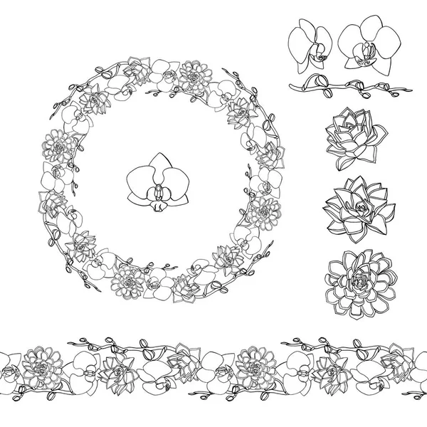 Estilo garabato dibujado a mano flores suculentas y orquídeas — Vector de stock