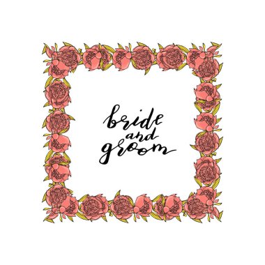 Özel han ile el çizilmiş doodle tarzı pembe şakayık çiçek çelenk çizilmiş