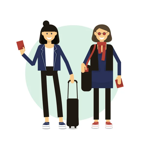 Dos mujeres viajeras con equipaje y pasaportes de pie en ai — Archivo Imágenes Vectoriales