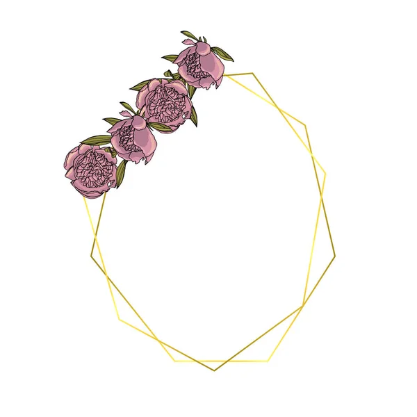 Corona de flores de peonía violeta estilo garabato dibujado a mano con poligona — Vector de stock