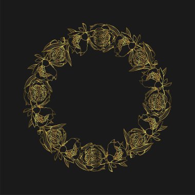 El çizilmiş doodle tarzı altın şakayık çiçek çelenk çizilmiş. çiçek desig