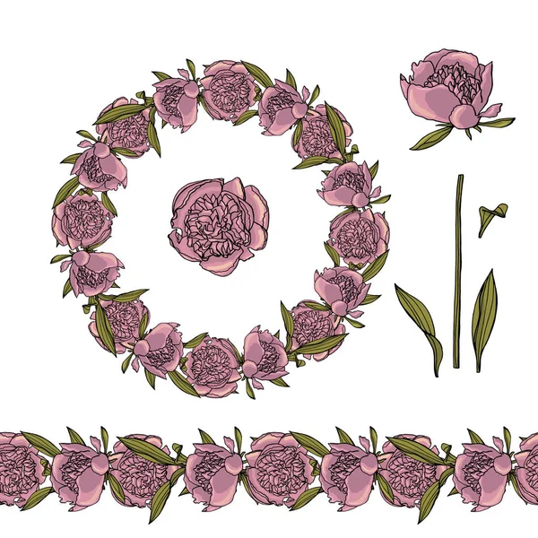 Coroa de flor de peônia violeta estilo doodle desenhado à mão e sem costura — Vetor de Stock