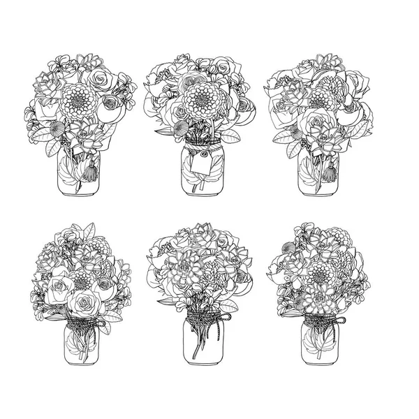 Hand getrokken doodle stijl boeketten van verschillende bloemen geïsoleerd — Stockvector