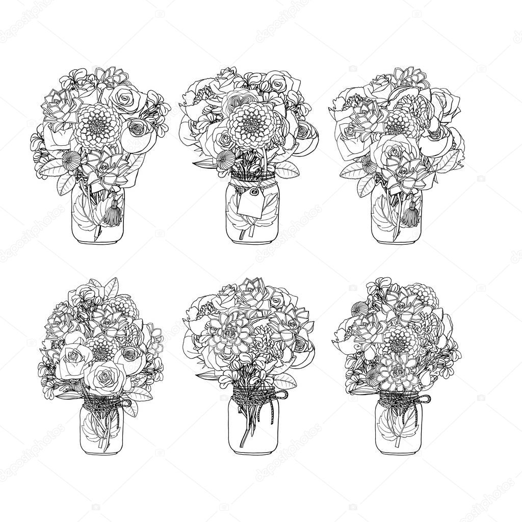 Hand drawn doodle style bouquets of different flowers isolated