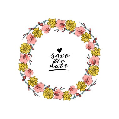 El çizilmiş doodle tarzı sulu ve orkide çiçek çelenk çizilmiş