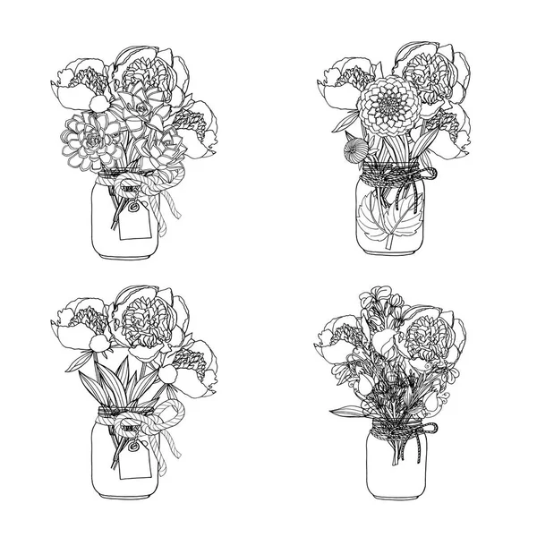 Handgezeichnete Sträuße im Doodle-Stil aus verschiedenen Blumen: saftig — Stockvektor