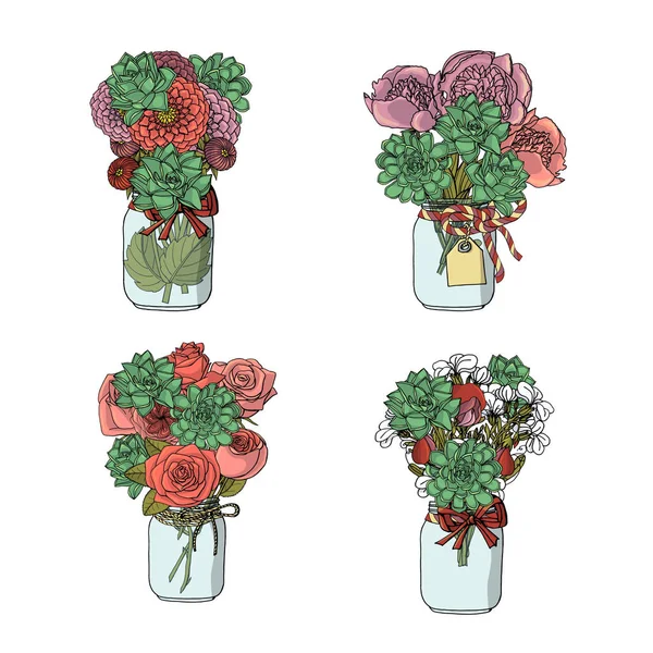 Handritade Doodle stil buketter av olika blommor: Rose, dah — Stock vektor