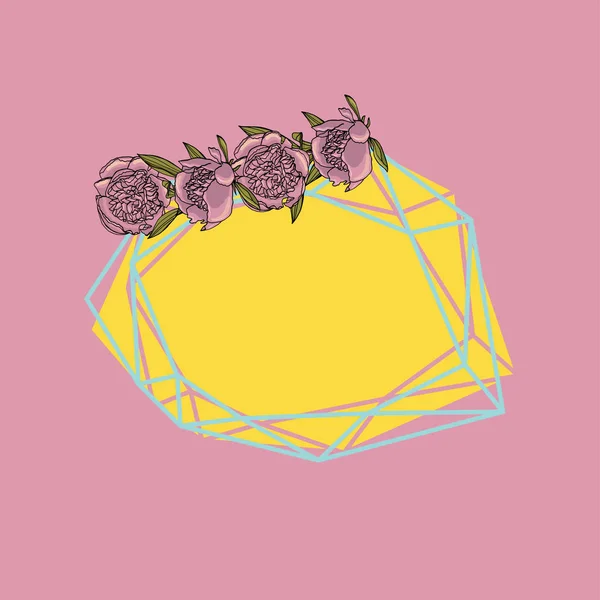 Corona de flores de peonía de estilo garabato dibujado a mano con garla poligonal — Vector de stock