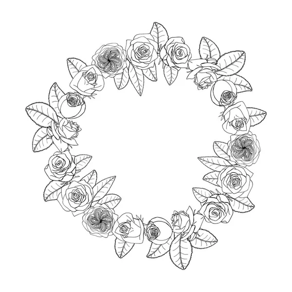 Estilo doodle desenhado à mão rosa flores grinalda. elemento de design floral — Vetor de Stock