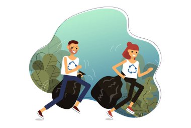 Çift ormanda koşup çöp topluyor. Trendy spor p