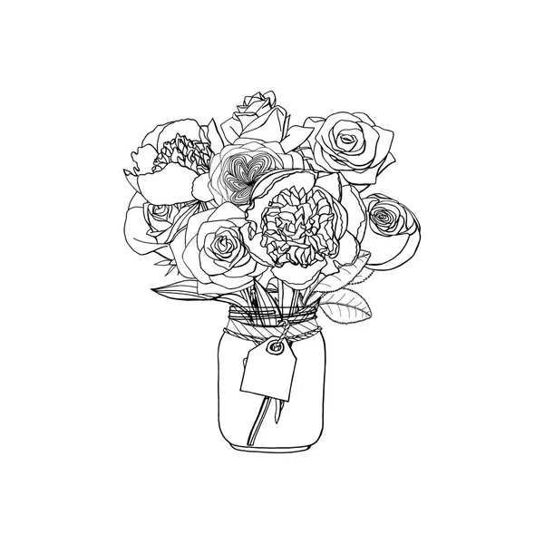 Bouquets de estilo doodle desenhado à mão de flores diferentes: peônia, ro — Vetor de Stock