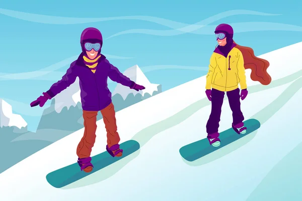 Casal de jovens, homem e mulher, estão snowboard em um mou — Vetor de Stock