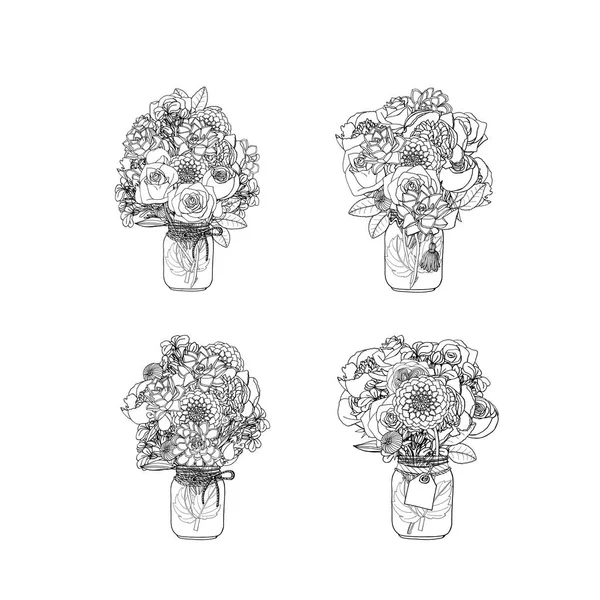 Hand getrokken doodle stijl boeketten van verschillende bloemen geïsoleerd — Stockvector