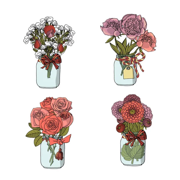 Handritade Doodle stil buketter av olika blommor: Rose, Dahl — Stock vektor