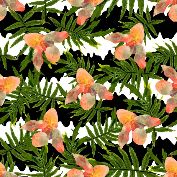 Patrón inconsútil de moda colorido con flores de orquídea, blanco y — Vector de stock