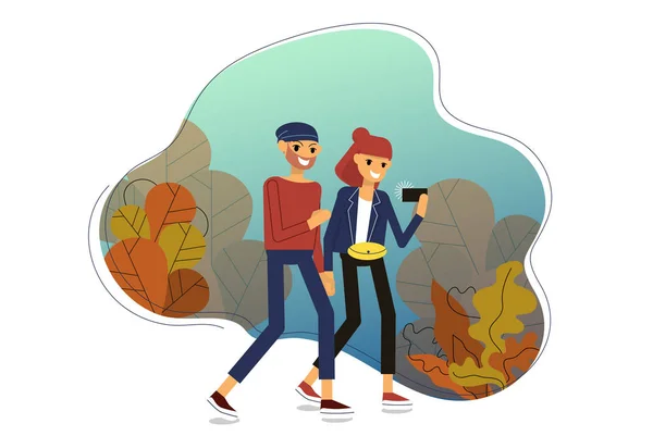Junges Paar spaziert im Wald und plaudert. — Stockvektor