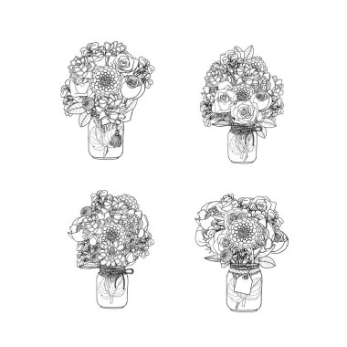 Farklı çiçeklerin el çizilmiş doodle tarzı buketleri izole
