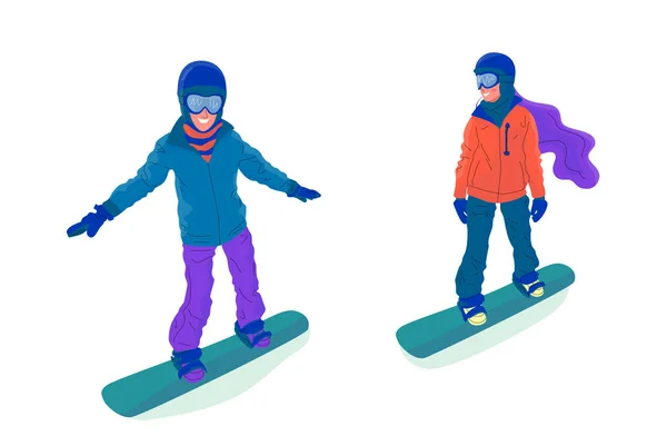 Casal de jovens, homem e mulher, são snowboarding . —  Vetores de Stock