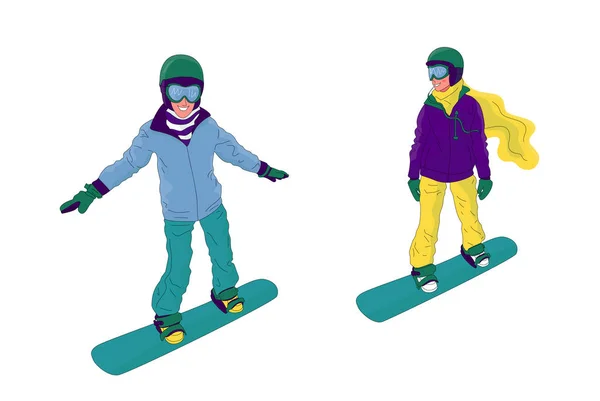 Paar jonge mensen, man en vrouw, snowboarden. — Stockvector