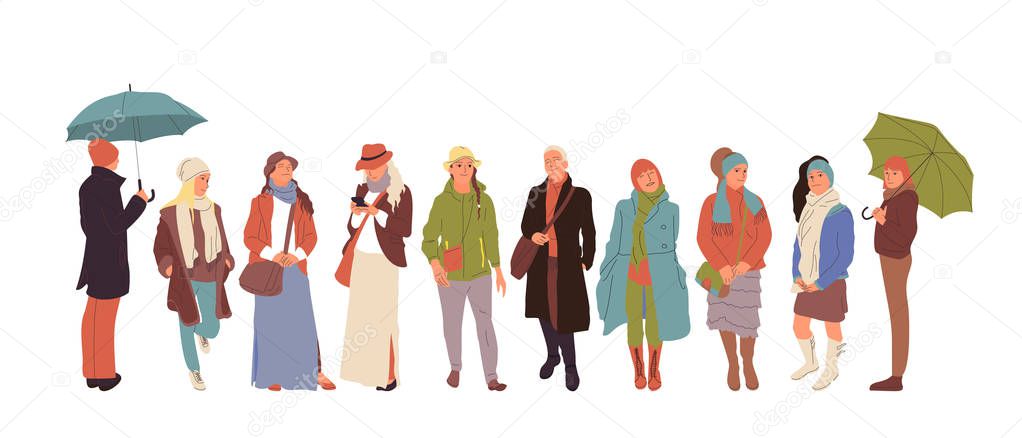 Set of different people characters in cold weather outfit. Crowd