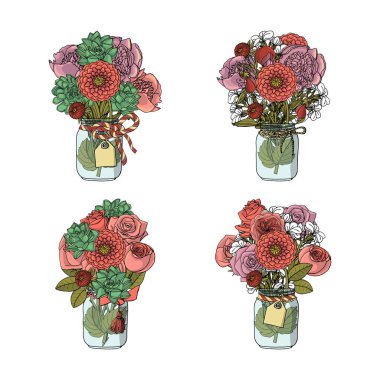 Hand drawn doodle style bouquets of different flowers isolated vector