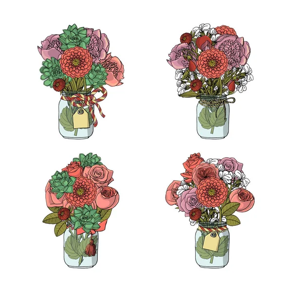 Bouquets de estilo doodle desenhado à mão de diferentes flores isoladas —  Vetores de Stock