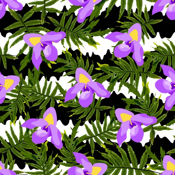 Motif sans couture tendance coloré avec des fleurs d'orchidée, blanc et — Image vectorielle