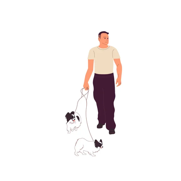 Young man in casual outfit is walking with two small papillon do — Stock Vector