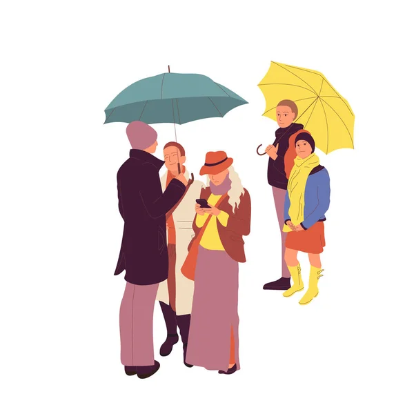 Gruppe von Menschen, die sich unter Regenschirmen aufhalten. isoliert auf weiß — Stockvektor