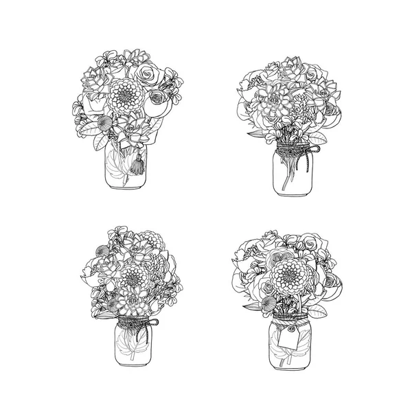 Bouquets de estilo doodle desenhado à mão de flores diferentes, suculento —  Vetores de Stock