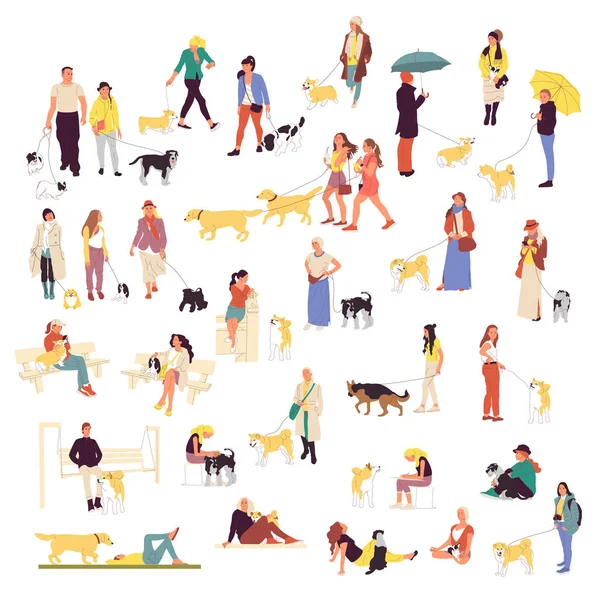 Köpekler ile yürüyüş birçok kişi ayarlayın. Erkekler ve kadınlar Açık havada Wit