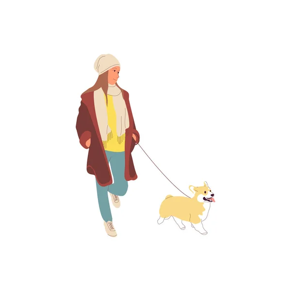 Junges Mädchen geht mit Hund an der Leine spazieren. isoliert auf weißem b — Stockvektor