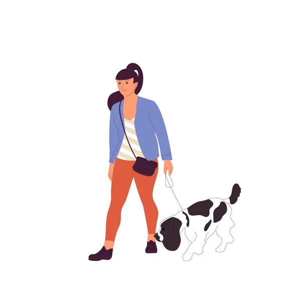 Giovane ragazza sta camminando con un cane spanielsetter francese al guinzaglio — Vettoriale Stock