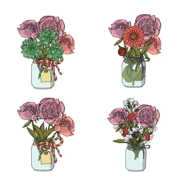 Bouquets de estilo doodle desenhado à mão de flores diferentes, suculento, dália, flor de estoque, ervilha doce . —  Vetores de Stock