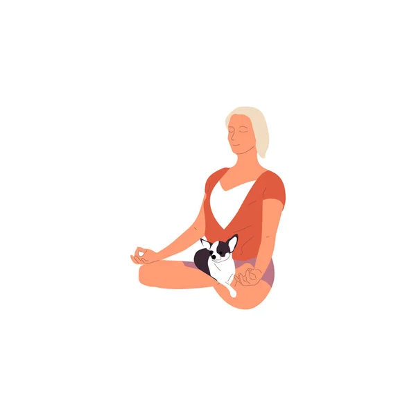 Chica está sentada con un perro chihuahua al aire libre y meditando. Aislado sobre fondo blanco. Estilo plano de dibujos animados vector de stock — Vector de stock