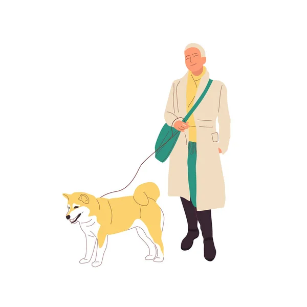 Giovane ragazza sta camminando con un cane shiba inu al guinzaglio. Isolato su sfondo bianco. Vettore di riserva del fumetto di stile piatto — Vettoriale Stock