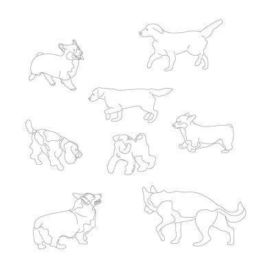 Siyah ve beyaz çoklu ırk köpekler, corgi, retriever, çoban, terrier, spaniel ayarlayın. Beyaz arka planda yalıtılmış