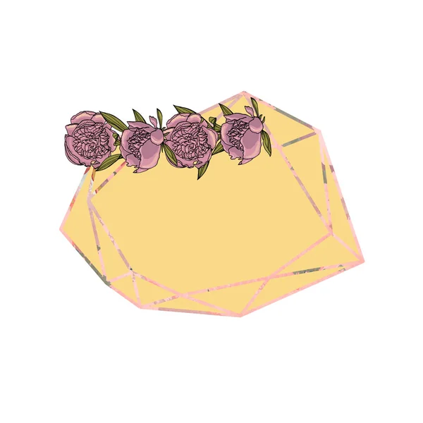 Grinalda de flor de peônia violeta estilo doodle desenhado à mão com polygona —  Vetores de Stock