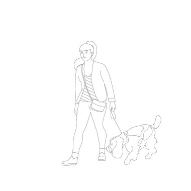 Genç kız bir Fransız, spaniel, setter köpek bir le ile yürüyor