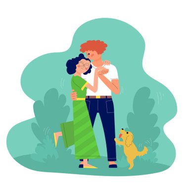 Erkek ve kadın genç çift sarılma ve açık havada öpüşme, onların köpek ile yürüyor. Stok vektörü