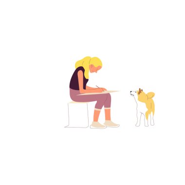 Kız dışarıda Shiba Inu köpeğiyle oturuyor ve resim çiziyor..