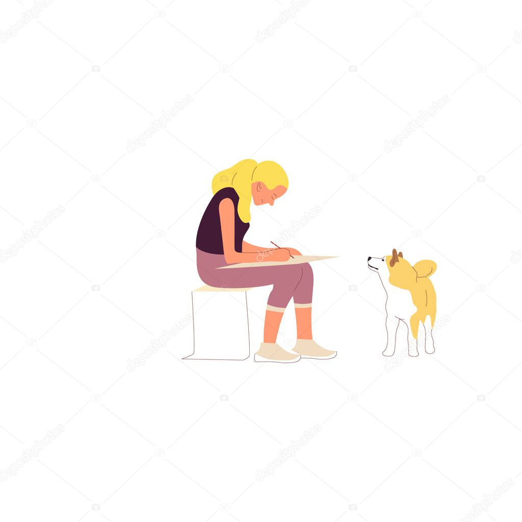 Girl is sitting with a shiba inu dog outdoors and drawing.