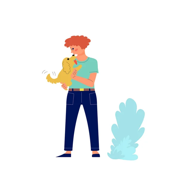 El hombre feliz sostiene a un perro en brazos al aire libre. Ilustración de vector de stock de estilo plano aislado sobre un fondo blanco . — Vector de stock