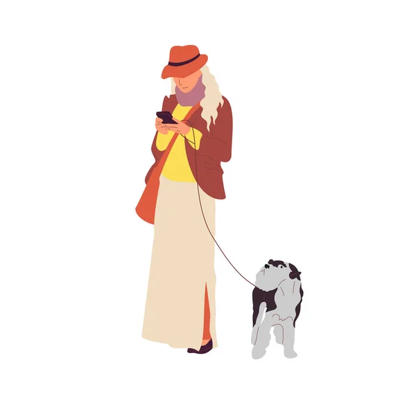 Genç kız tasması bir terrier köpek ile yürüyor. Beyaz arka planda izole edilmiş. Düz stil karikatür stok vektör