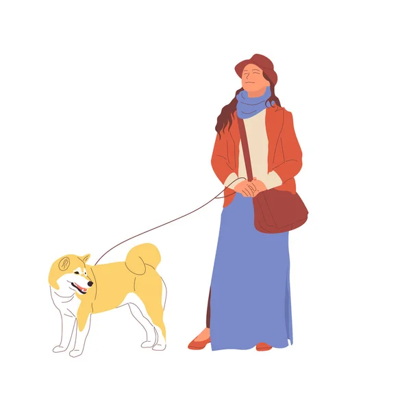 Giovane ragazza sta camminando con un cane shiba inu al guinzaglio. Isolato su sfondo bianco. Vettore di riserva del fumetto di stile piatto — Vettoriale Stock