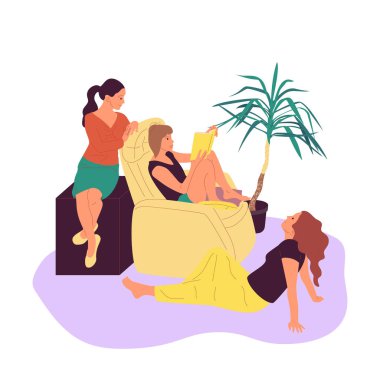 Üç kız koltukta oturuyor ve saksı tropikal bitkiler ile rahat odada birlikte kitap okuyor. Beyaz arka planda yalıtılmış