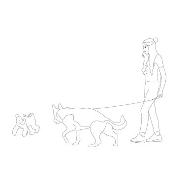 Genç kız Alman bir çobanla yürüyor, tasmalı bir köpekle. İs