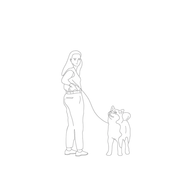 Giovane ragazza in abito casual sta camminando con un cane shiba inu su un — Vettoriale Stock