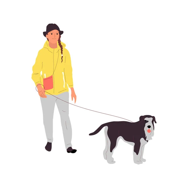 Young girl is walking with a terrier dog on a leash. Isolated on — Stock Vector