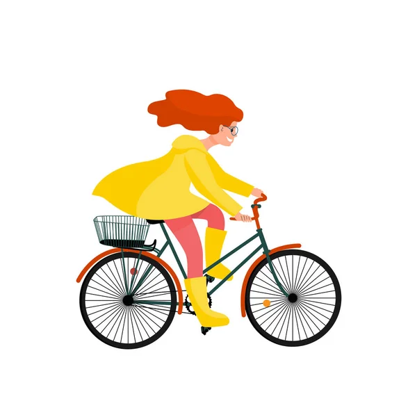 Beautiful girl in yellow raincoat rides bicycle, bike travel cli — Stock Vector